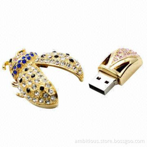 Golden Crystal Ladybug-shaped USB Flash Drives, 64MB to 128GB Memory Capacity